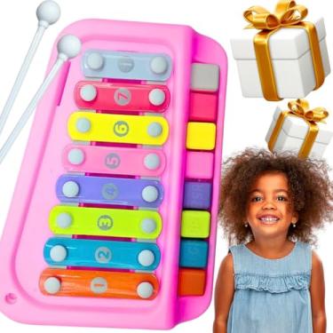 Imagem de Xelofone infantil 2 em 1 teclado piano integrado Brinquedo musical percussão baquetas Xilofone produz som limpo nítido afinado 8 notas musicais para compor melodias música (Rosa)