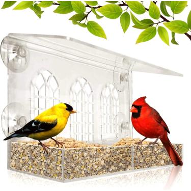 Imagem de Janela para alimentador de pássaros com ventosa forte - alimentador de pássaros grande de acrílico transparente para beija-flor - Encha a bandeja de comida de minhoca de amendoim dentro da casa - à