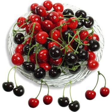 Imagem de 30 peças de cerejas artificiais, cereja falsa a granel de frutas falsas, enfeite realista de cereja para decoração de casa, cozinha, festa, mesa, centro de mesa, adereço de exibição de fotografia