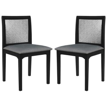Imagem de Kit 02 Cadeiras Sala de Jantar Madeira Maciça Steve Tela Rattan Sextavano Linho Cinza/Ébano G55 - Gran Belo