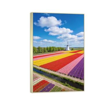 Imagem de BMZFYBS Impressão em tela de paisagem pronta para pendurar - nuvens flores coloridas campo - pintura de arte de parede - decoração de casa moderna imagem moldura prata 20 x 30 cm 8 x 12 pol