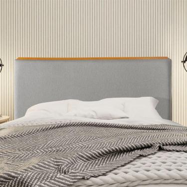 Imagem de Cabeceira Cama Box Queen 1,60m Estofada Detalhe Em Madeira Java Linho Cinza