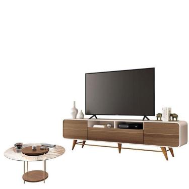 Imagem de Rack Bancada época Com Mesa De Centro Sky Com Tampo De Vidro Castanho Off White - Hb Móveis