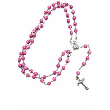 Imagem de Terço Colar Nossa Senhora Aparecida Contas Formato Rosas 8mm Cor Rosa 