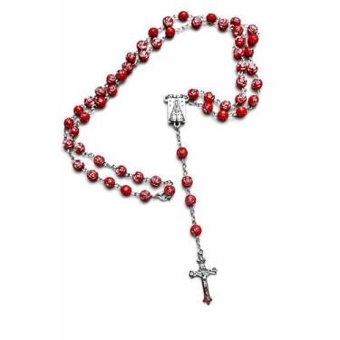 Imagem de Terço Colar Nossa Senhora Aparecida Contas Formato Rosas 8mm Cor Verme