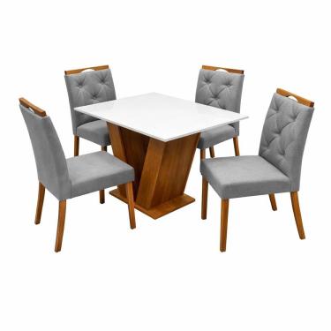 Imagem de Mesa de Jantar Classic 120x80cm com Vidro e 4 Cadeiras Jasmim em Linho Estofadas Cel Móveis Cor Cinamomo Off White com Tecido Cinza