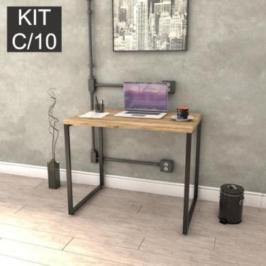 Imagem de Conjunto com 10 Escrivaninhas Kuadra Estilo 90cm Industrial Carvalho -