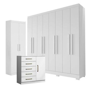 Imagem de Guarda Roupa Casal Porto 8 Portas 4 Gavetas Com Cômoda Sapateira Milão E Armário Multiuso 2 Portas 2000191 Branco Tx