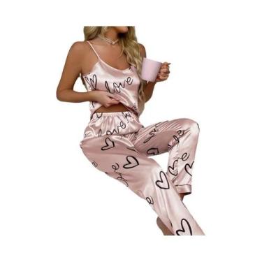 Imagem de Conjunto De Pijamas De Seda Satin Com Estampa De Letras Para Mulheres,