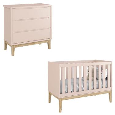 Imagem de Berço Americano e Cômoda Gaveteiro Classic Rosa com Pés Madeira Natural – Reller