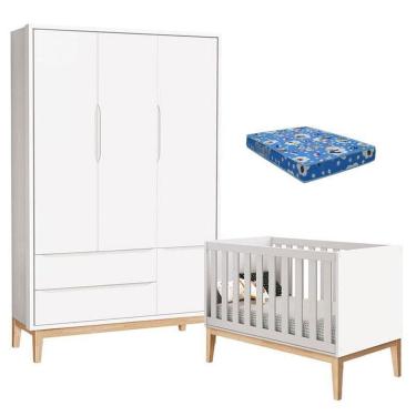Imagem de Berço Americano com Colchão e Guarda Roupa Classic 3 Portas Branco Pés Madeira Natural – Reller