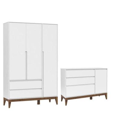 Imagem de Cômoda com Porta e Guarda Roupa Nature Clean 3 Portas Branco Acetinado Eco Wood - Matic