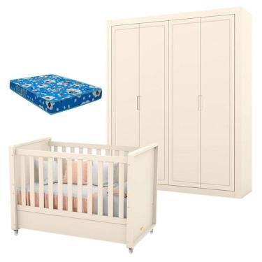 Imagem de Berço Americano com Guarda Roupa Tutto New 4 Portas Off White e Colchão - Matic