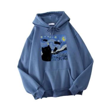 Imagem de Moletom Masculino Oversize Com Capuz Estampado Gato Estrelado Noturno 