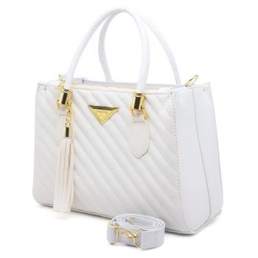 Imagem de Bolsa Feminina Média OEM Linea Shopbag Bordada em Couro Sintético 24x18x10cm Branca Feminina