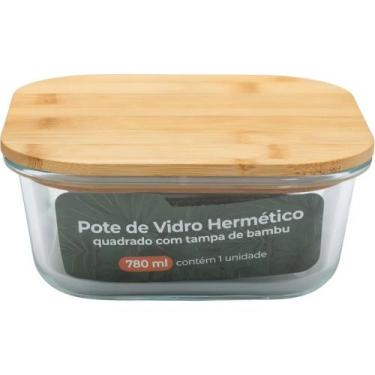 Imagem de Pote de vidro hermético quadrado c/ tampa bambu 780ml - casavita
