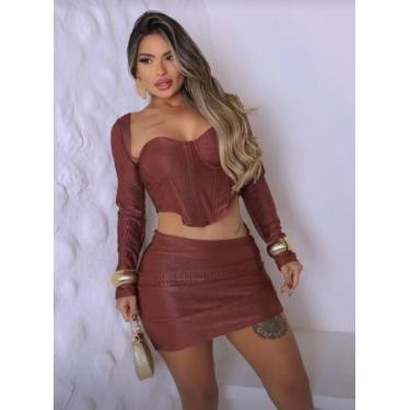 Imagem de Conjunto Saia Curta Cetim e Blusa Manga Longa Decote Coração Cor:Marro