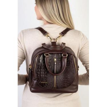Imagem de Bolsa mochila de couro croco 3 em 1 Marina - Andrea Vinci, Café