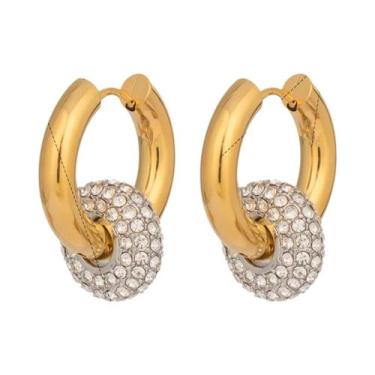 Imagem de Brincos De Argola Femininos Em Aço Inoxidável Com Ouro 18K E Diamantes