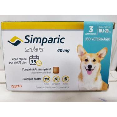 Imagem de Simparic antipulgas para Cães de 10,1 a 20Kg - 40mg - cx com 3 compr -