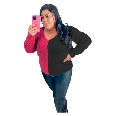 Imagem de Blusa Tricot Plus Size 2 Cores Trança Gola V Frio Moda - PLUS MESMO E 