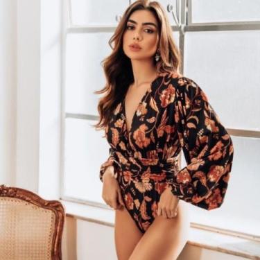 Imagem de Maiô Body Moda Praia Cor Preto Floral - Cláudia filadelfo