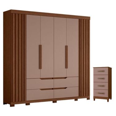 Imagem de Kit Guarda Roupa Doble Casal 6 Portas e Cômoda Mobi 4 Gavetas MDP Nogueira Capuccino Albatroz Móveis