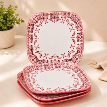 Imagem de Kit 6 Pratos Quadrado Melamina Estampado 27cm Refeição Jantar Almoço M