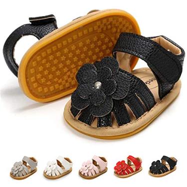 Imagem de Babelvit Sandálias infantis para bebês meninas sapatos de verão antiderrapante sola de borracha flor vestido princesa sapato recém-nascido primeiro caminhada ao ar livre sandálias, 02 Black+flower, 6-12 Months Infant