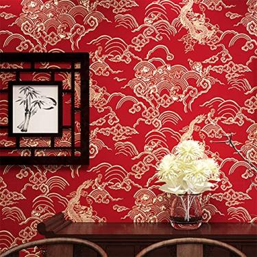 Imagem de Q QIHANG Papel de Parede Estilo Vermelho Chinês Padrão Dragão Clássico Zen Hotel Restaurante Sala de Estar Nuvens Auspiciosas Fundo de TV Papel de Parede Não Colado 20,8" (0,53 m) x 393,7" (10 m) (Dragon Pattern-1)