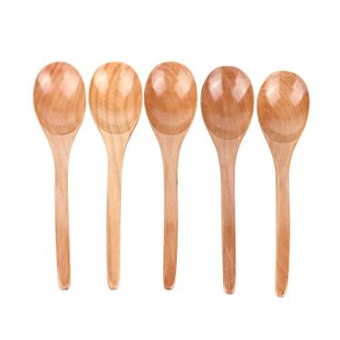 Imagem de Colher de madeira, 5 pe?as colher de sopa de madeira com al?a curva para cozinhar, colher de cozinha multiuso estilo japon¨ºs colher de mistura colher de arroz para cozinha dom¨¦stica(ԭľɫ), Colhere