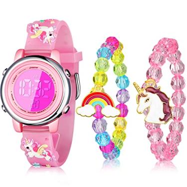 Imagem de Relógio infantil de unicórnio e pulseira de unicórnio, relógio digital infantil, 7 cores, com alarme, cronômetro, presente de unicórnio, para meninas de 3 a 10 anos (estilo adorável)