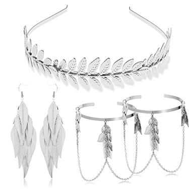 Imagem de RechicGu Conjunto de 4 peças de acessórios de fantasia de deusa grega folha de louro conjunto de acessórios para festa de Toga romana faixa de cabeça no braço punho pulseira brincos joias femininas,