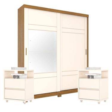 Imagem de Guarda Roupa Casal Verg com Kit Mesa de Cabeceira Campeche Nature Off White - Henn
