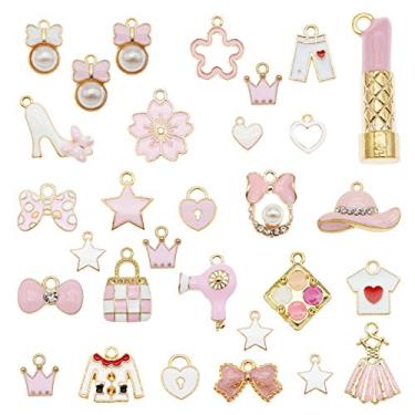 Imagem de 100 peças de pingentes de tema esmaltado rosa para meninas mulheres fashion batom chapéu bolsa salto alto pingentes para fabricação de joias