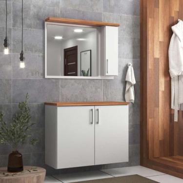 Imagem de Gabinete Para Banheiro Com Espelheira 80cm Mdf Nogal Com Branco Paris