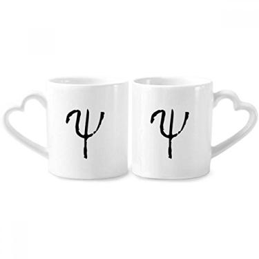 Imagem de Alfabeto Grego Psi Silhueta Preta Conjunto de canecas de porcelana de casal de cerâmica com alça de coração