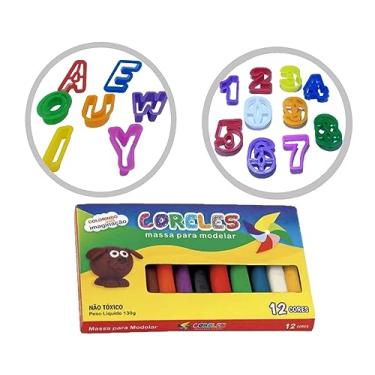 Imagem de Kit Caixa de Massinha Modelar 12 Cores 7 Forminhas Vogais e 10 Números Cortadores Mimos Brinquedos
