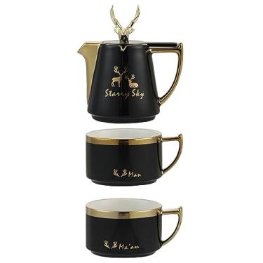 Imagem de Conjunto de bule de chá doméstico de alce xícara de chá de flor de cerâmica bule de chá para casal conjunto de água chá da tarde xícara de café para escritório em casa - uma panela e duas xícaras de preto