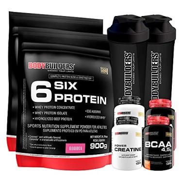 Imagem de Kit 2x Six Protein Morango 900g + 2x BCAA Tangerina 100g + 2x Power Creatina Tangerina 100g +2x Coqueteleira - Bodybuilders
