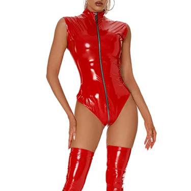 Imagem de Body de couro vermelho para mulheres sexy PVC látex justo bodycon lingerie metálica visual molhado roupa de clube para sair à noite