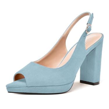 Imagem de WAYDERNS Sapato feminino com alça ajustável peep toe para noiva camurça fivela plataforma bloco sólido salto alto sapatos 10 centímetros, Azul claro, 8.5