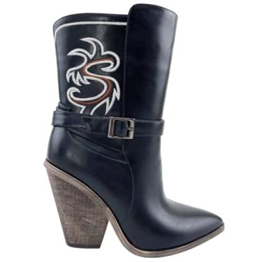 Imagem de Frankie Hsu Botas femininas de cowboy ocidentais bordadas até o tornozelo costura preta amêndoa salto grosso grosso moda retrô clássica panturrilha larga tamanho grande bota sem fecho, Preto, 12