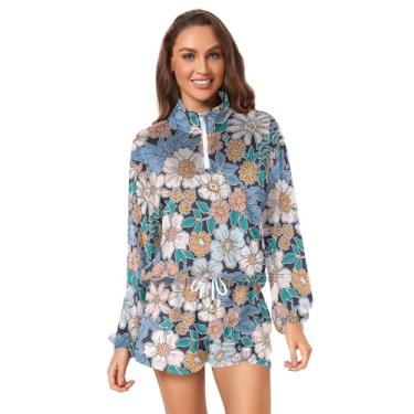 Imagem de KLL Conjuntos de flores azuis rosa pequenas elegantes para mulheres conjunto curto de 2 peças pequeno, Elegante pequena flor rosa azul, XX-Large