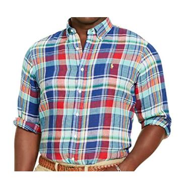 Imagem de Polo Ralph Lauren Camisa esportiva masculina xadrez 100% linho, Vermelho, P