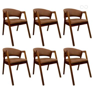 Imagem de Kit 6 Cadeiras de Jantar com Braço Madeira Estofada Marrom Claro Ravena CCS