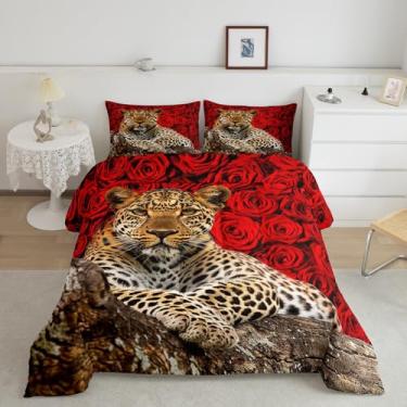 Imagem de Feelyou Jogo de cama infantil casal com estampa de leopardo e leopardo, estampa de leopardo selvagem, 4 peças