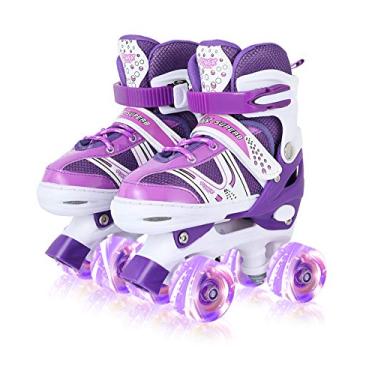 Imagem de Patins para crianças, patins duplos de tamanho ajustável, com todas as rodas acendem, iluminação divertida para meninas meninos para crianças, patins para crianças iniciantes, pequeno (12J-2), roxo