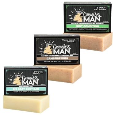 Imagem de Grown Ass Man Co. Barras esfoliantes corporais – Sabonete sólido com espuma rica com óleos naturais e esfoliante suave para homens – Livre de plástico e ecológica, limpeza profunda natural e orgânica para todos os tipos de pele, barra de 118 g (pacote com 3)