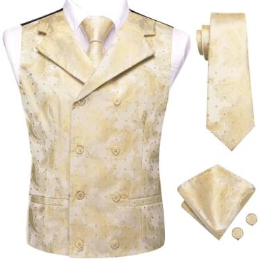 Imagem de BoShiNuo Conjunto de 4 peças slim colete gravata lenço abotoaduras seda masculino colete pescoço conjunto para terno vestido casamento Paisley Floral Coletes, 3122, X-Large